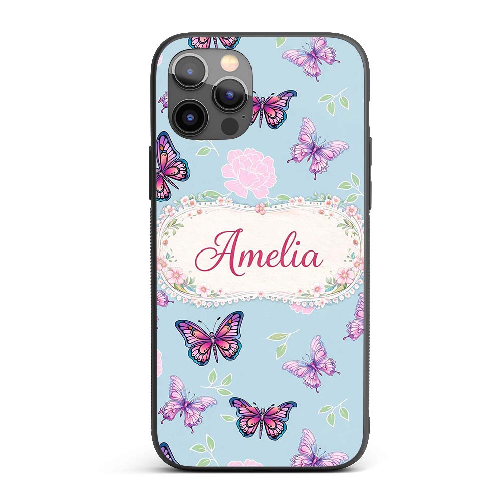 Pink Purple Butterfly Floral Blue Background Custom Name Protective Phone Case Mobile Cover Durable Everyday Smartphone Shock Resistant