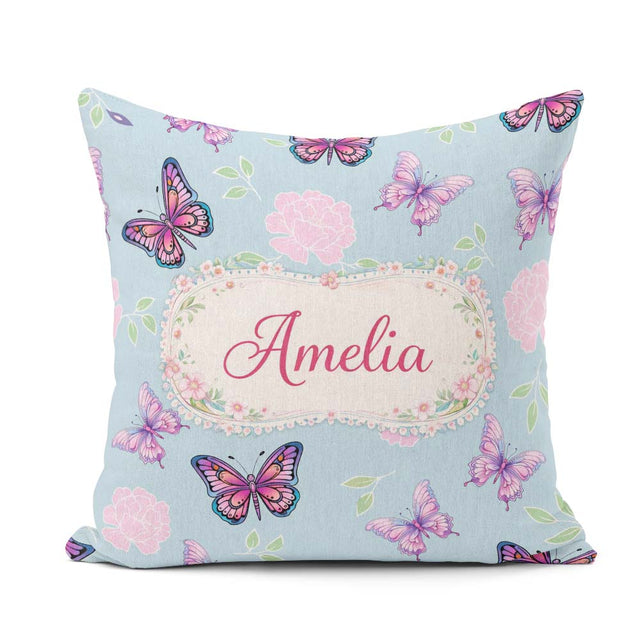 Custom Name Pink Purple Butterfly Floral Blue Background Pattern Square Filled Cushion Throw Pillow Sofa Bed Home Decor Zip Washable UK Made