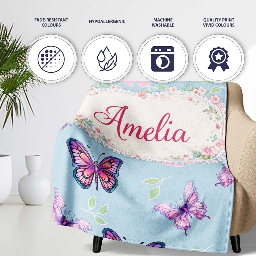 Pink Purple Butterfly Floral Blue Background Seamless Pattern Lovely  Personalised Custom Name Super Soft Fleece Blanket Bed Sofa Throw