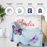 Pink Purple Butterfly Floral Blue Background Seamless Pattern Lovely  Personalised Custom Name Super Soft Fleece Blanket Bed Sofa Throw