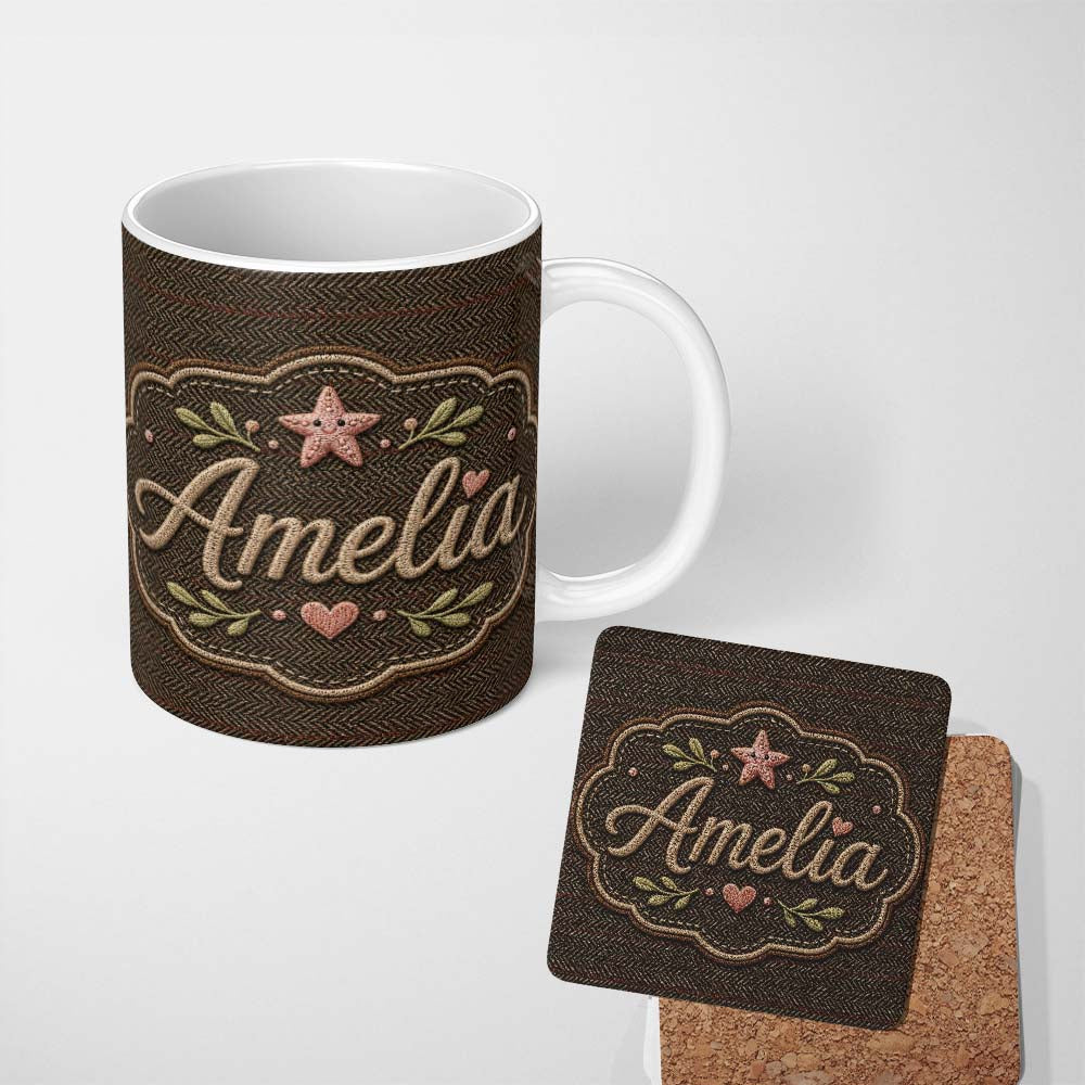 Personalized Custom Name Classic Tweed Herringbone Pattern with Red Accents Seamless Pattern 11oz Ceramic Coffee Tea Mug White Large Handle