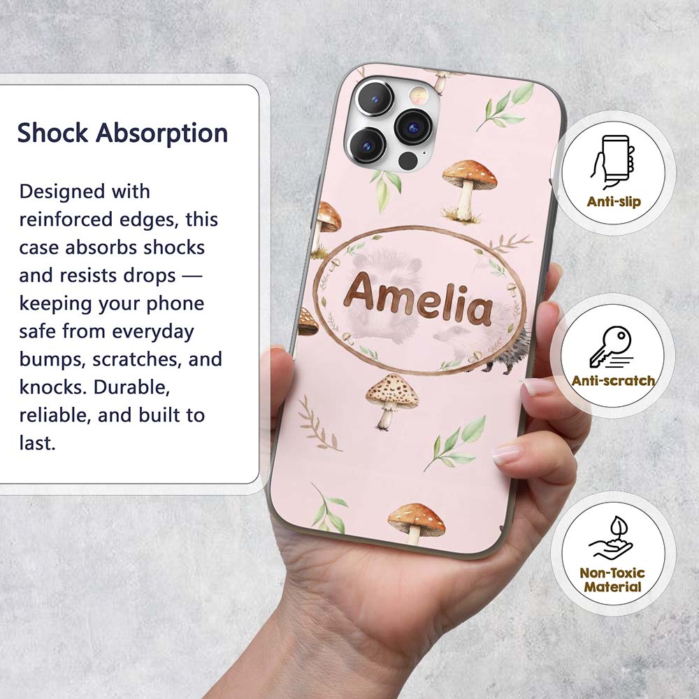 Woodland Hedgehogs with Mushrooms Leaves Soft Custom Name Protective Phone Case Mobile Cover Durable Everyday Smartphone Shock Resistant