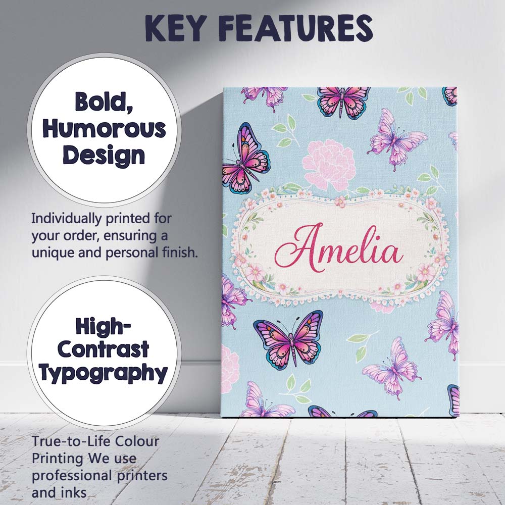 Personalised Name Pink Purple Butterfly Floral Blue Background Custom Modern Room Accent Canvas Wall Art Print Decor Picture Ready to Hang