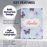 Personalised Name Pink Purple Butterfly Floral Blue Background Custom Modern Room Accent Canvas Wall Art Print Decor Picture Ready to Hang