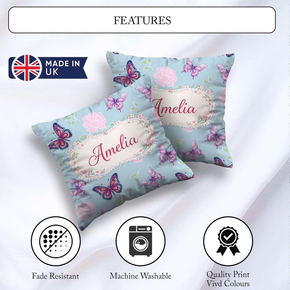 Custom Name Pink Purple Butterfly Floral Blue Background Pattern Square Filled Cushion Throw Pillow Sofa Bed Home Decor Zip Washable UK Made