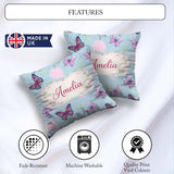 Custom Name Pink Purple Butterfly Floral Blue Background Pattern Square Filled Cushion Throw Pillow Sofa Bed Home Decor Zip Washable UK Made