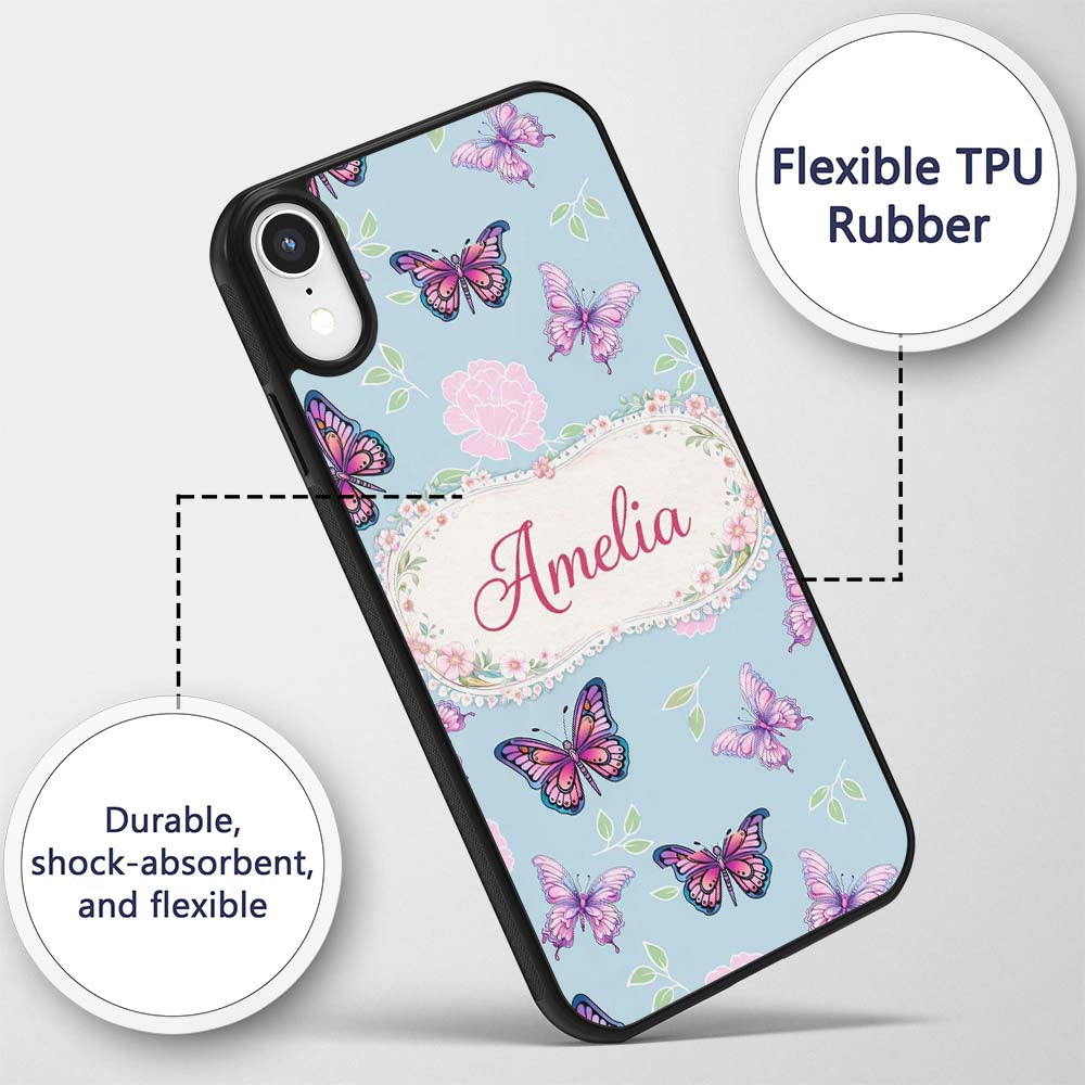 Pink Purple Butterfly Floral Blue Background Custom Name Protective Phone Case Mobile Cover Durable Everyday Smartphone Shock Resistant