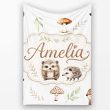 Cute Woodland Hedgehogs with Mushrooms Leaves White Background  Personalised Custom Name Super Soft Fleece Blanket Bed Sofa Throw