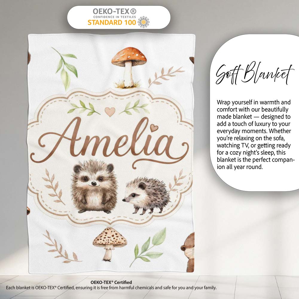 Cute Woodland Hedgehogs with Mushrooms Leaves White Background  Personalised Custom Name Super Soft Fleece Blanket Bed Sofa Throw