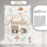 Cute Woodland Hedgehogs with Mushrooms Leaves White Background  Personalised Custom Name Super Soft Fleece Blanket Bed Sofa Throw
