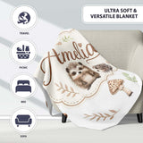 Cute Woodland Hedgehogs with Mushrooms Leaves White Background  Personalised Custom Name Super Soft Fleece Blanket Bed Sofa Throw