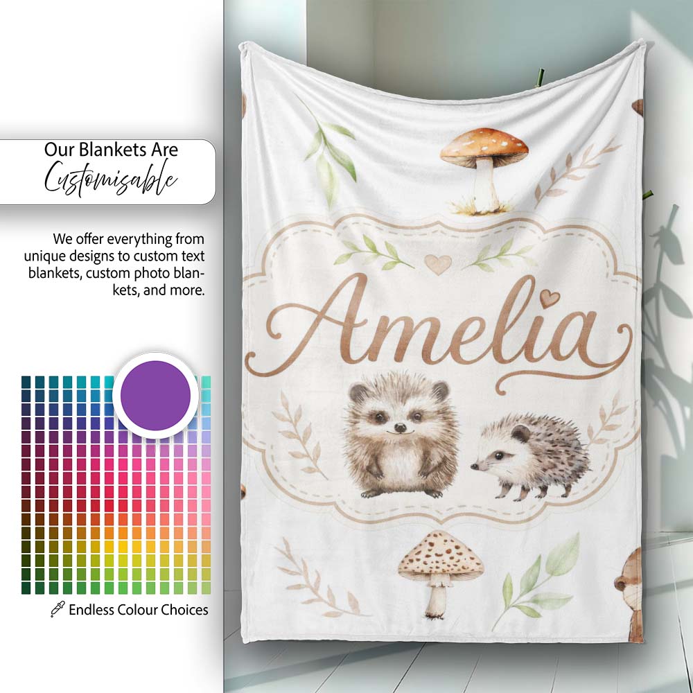 Cute Woodland Hedgehogs with Mushrooms Leaves White Background  Personalised Custom Name Super Soft Fleece Blanket Bed Sofa Throw
