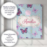 Personalised Name Pink Purple Butterfly Floral Blue Background Custom Modern Room Accent Canvas Wall Art Print Decor Picture Ready to Hang