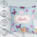 Custom Name Pink Purple Butterfly Floral Blue Background Pattern Square Filled Cushion Throw Pillow Sofa Bed Home Decor Zip Washable UK Made
