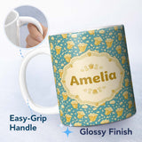 Personalized Custom Name Golden Popcorn Buckets and Scattered Kernels on Blue Background 11oz Ceramic Coffee Tea Mug White Large Handle