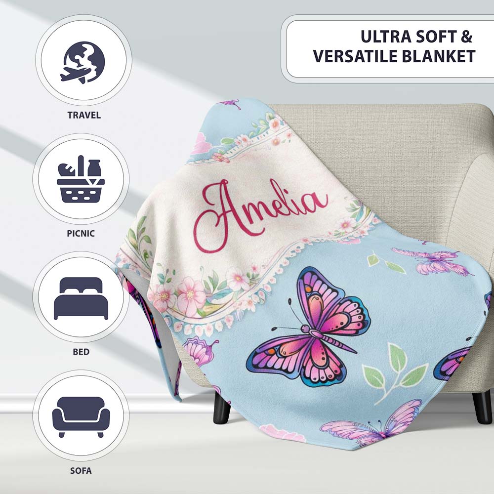 Pink Purple Butterfly Floral Blue Background Seamless Pattern Lovely  Personalised Custom Name Super Soft Fleece Blanket Bed Sofa Throw