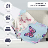 Pink Purple Butterfly Floral Blue Background Seamless Pattern Lovely  Personalised Custom Name Super Soft Fleece Blanket Bed Sofa Throw