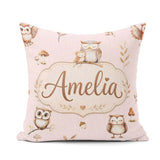Custom Name Cute Woodland Owls with Leaves Soft Blush Background Square Filled Cushion Throw Pillow Sofa Bed Home Decor Zip Washable UK Made