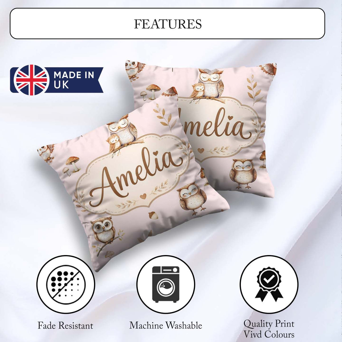 Custom Name Cute Woodland Owls with Leaves Soft Blush Background Square Filled Cushion Throw Pillow Sofa Bed Home Decor Zip Washable UK Made