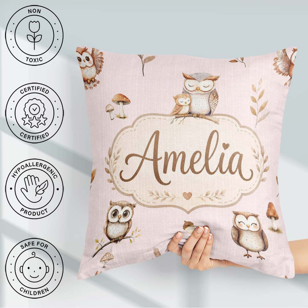 Custom Name Cute Woodland Owls with Leaves Soft Blush Background Square Filled Cushion Throw Pillow Sofa Bed Home Decor Zip Washable UK Made