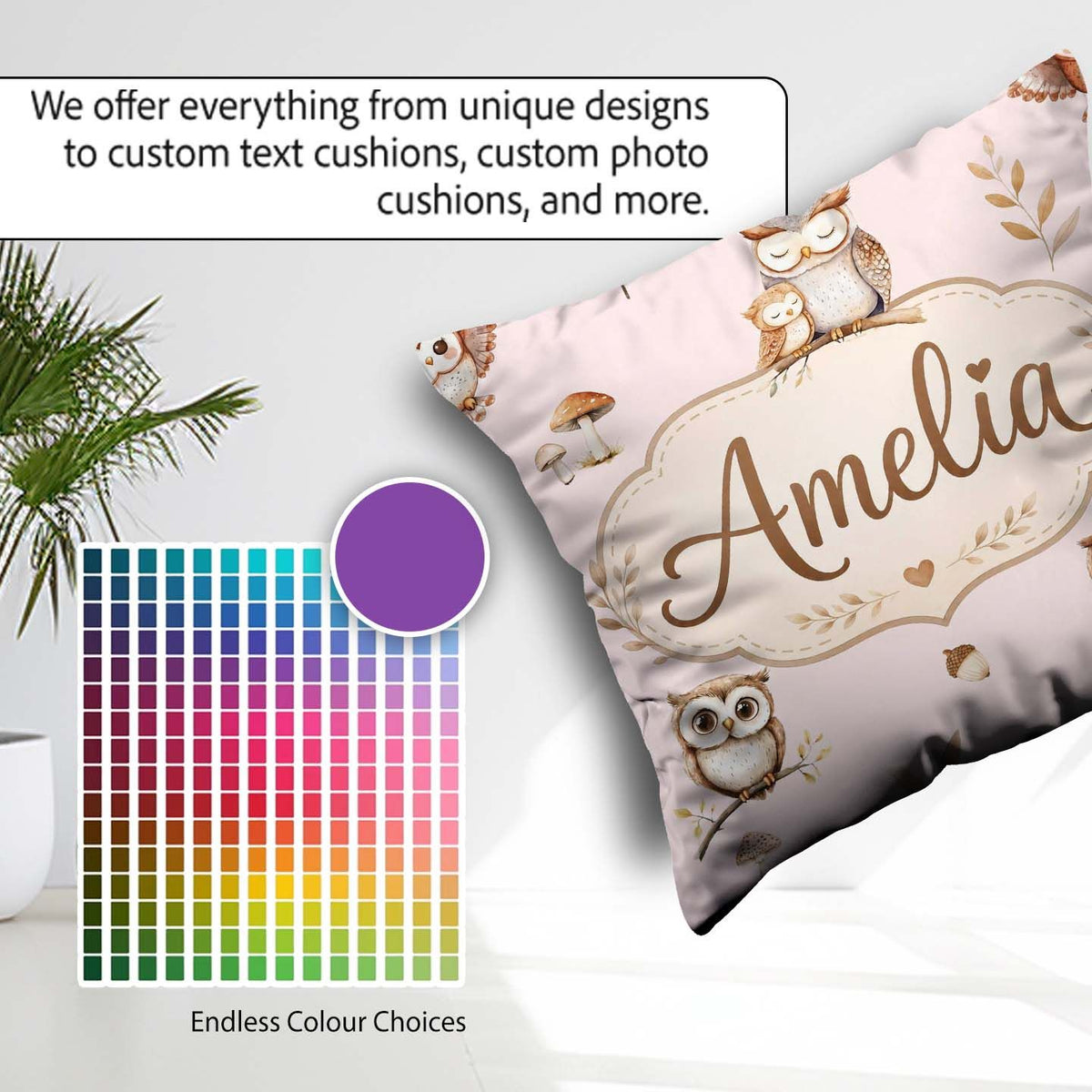 Custom Name Cute Woodland Owls with Leaves Soft Blush Background Square Filled Cushion Throw Pillow Sofa Bed Home Decor Zip Washable UK Made