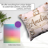 Custom Name Cute Woodland Owls with Leaves Soft Blush Background Square Filled Cushion Throw Pillow Sofa Bed Home Decor Zip Washable UK Made