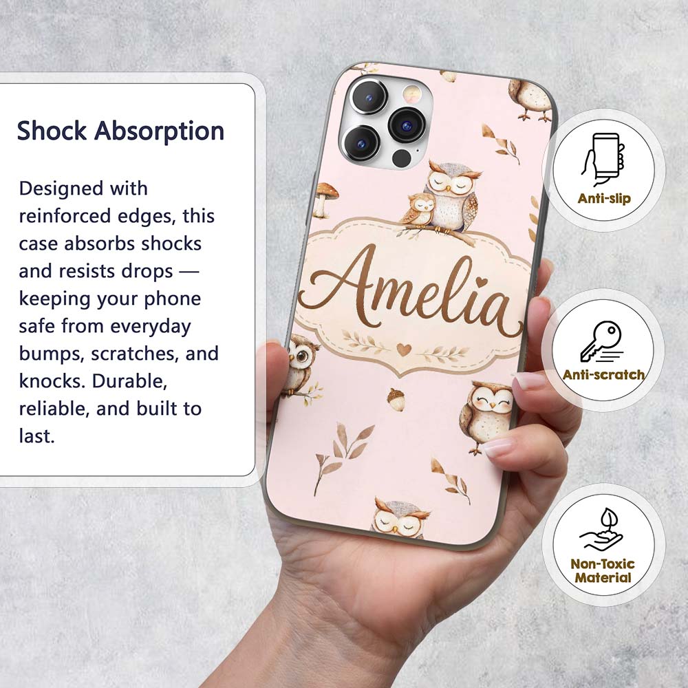 Cute Woodland Owls with Mushrooms Leaves Soft Custom Name Protective Phone Case Mobile Cover Durable Everyday Smartphone Shock Resistant