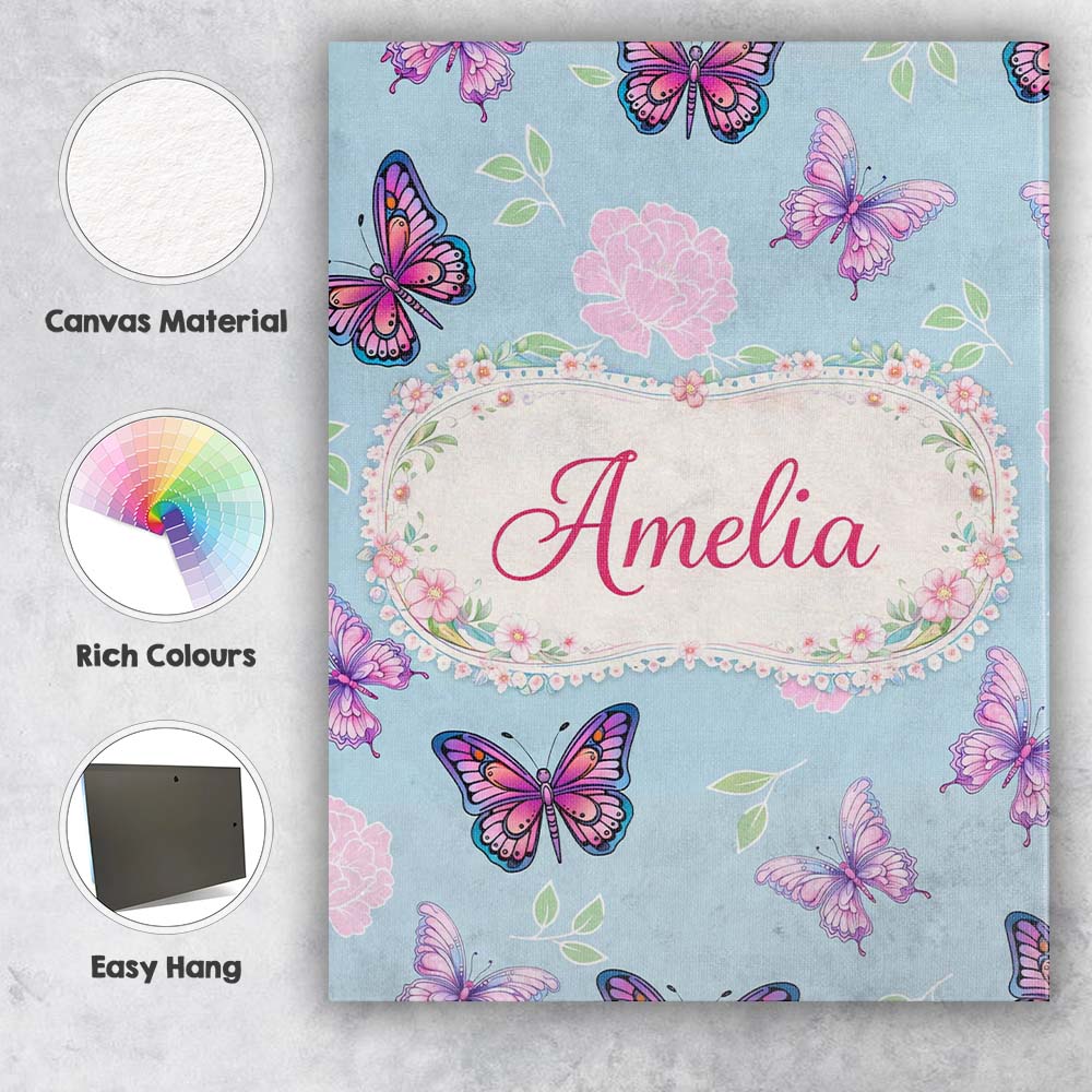 Personalised Name Pink Purple Butterfly Floral Blue Background Custom Modern Room Accent Canvas Wall Art Print Decor Picture Ready to Hang