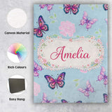 Personalised Name Pink Purple Butterfly Floral Blue Background Custom Modern Room Accent Canvas Wall Art Print Decor Picture Ready to Hang