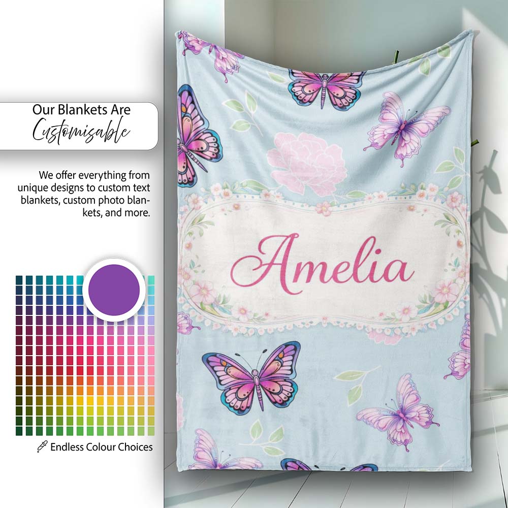 Pink Purple Butterfly Floral Blue Background Seamless Pattern Lovely  Personalised Custom Name Super Soft Fleece Blanket Bed Sofa Throw