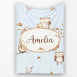 Cute Woodland Owls with Mushrooms Leaves Soft Blue Background  Personalised Custom Name Super Soft Fleece Blanket Bed Sofa Throw