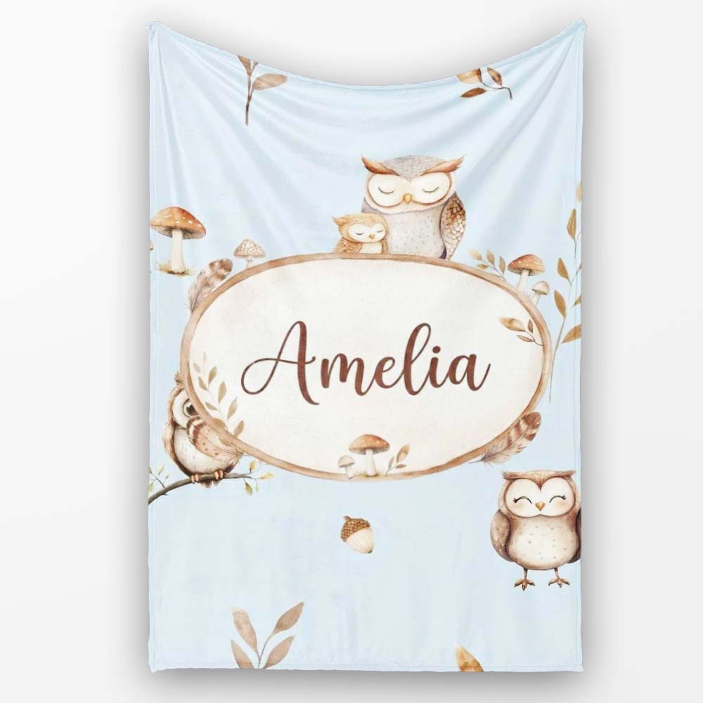 Cute Woodland Owls with Mushrooms Leaves Soft Blue Background  Personalised Custom Name Super Soft Fleece Blanket Bed Sofa Throw