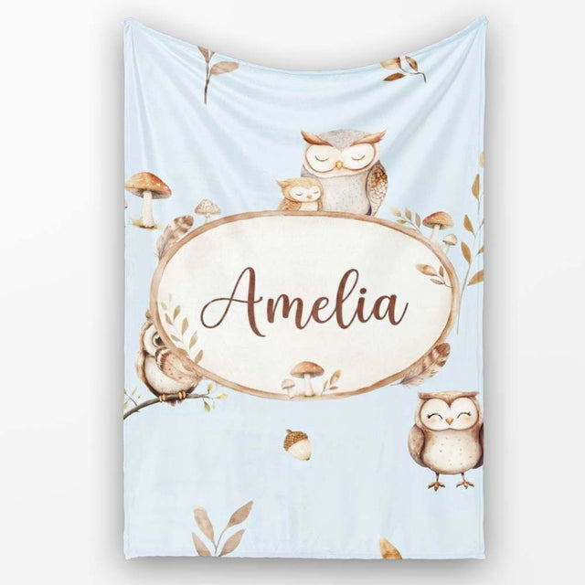 Cute Woodland Owls with Mushrooms Leaves Soft Blue Background  Personalised Custom Name Super Soft Fleece Blanket Bed Sofa Throw