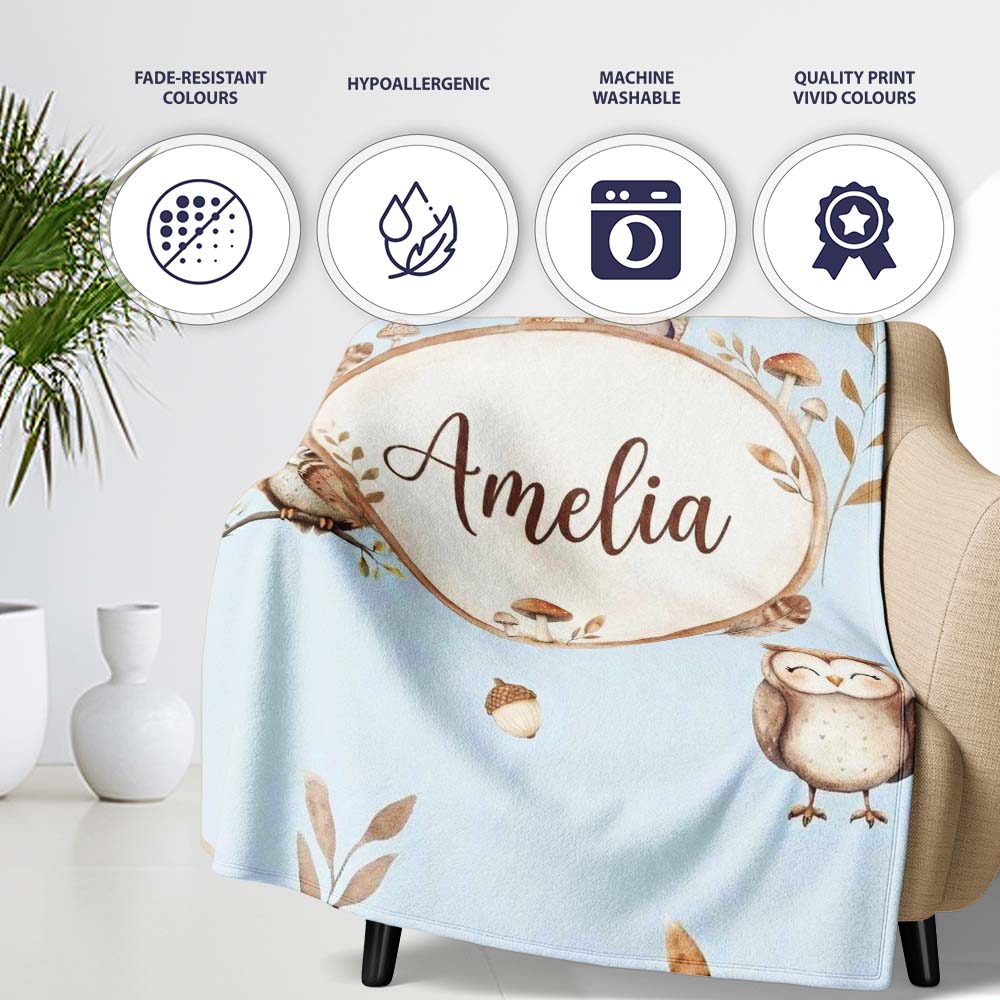 Cute Woodland Owls with Mushrooms Leaves Soft Blue Background  Personalised Custom Name Super Soft Fleece Blanket Bed Sofa Throw