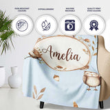 Cute Woodland Owls with Mushrooms Leaves Soft Blue Background  Personalised Custom Name Super Soft Fleece Blanket Bed Sofa Throw