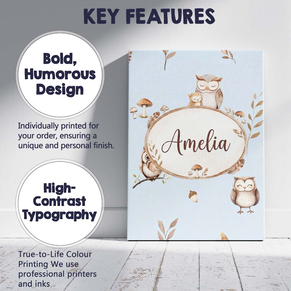 Personalised Name Cute Woodland Owls with Custom  Unique Gift Idea Elegant Feature Canvas Wall Art Print Decor Picture Ready to Hang