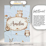 Cute Woodland Owls with Mushrooms Leaves Soft Blue Background  Personalised Custom Name Super Soft Fleece Blanket Bed Sofa Throw
