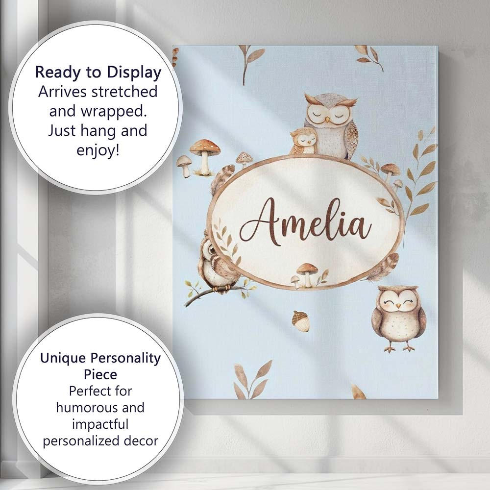 Personalised Name Cute Woodland Owls with Custom  Unique Gift Idea Elegant Feature Canvas Wall Art Print Decor Picture Ready to Hang