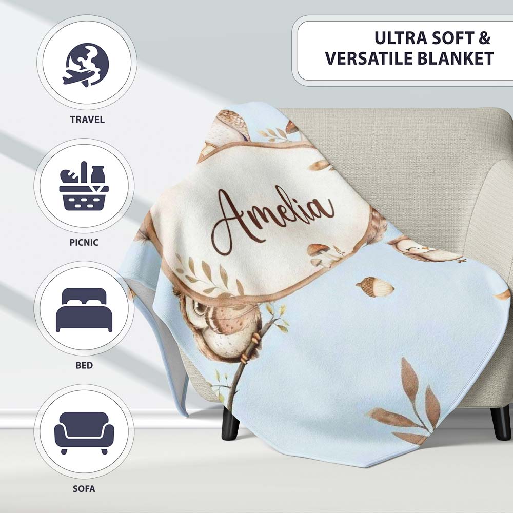Cute Woodland Owls with Mushrooms Leaves Soft Blue Background  Personalised Custom Name Super Soft Fleece Blanket Bed Sofa Throw