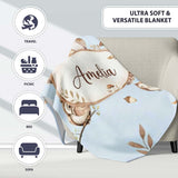 Cute Woodland Owls with Mushrooms Leaves Soft Blue Background  Personalised Custom Name Super Soft Fleece Blanket Bed Sofa Throw