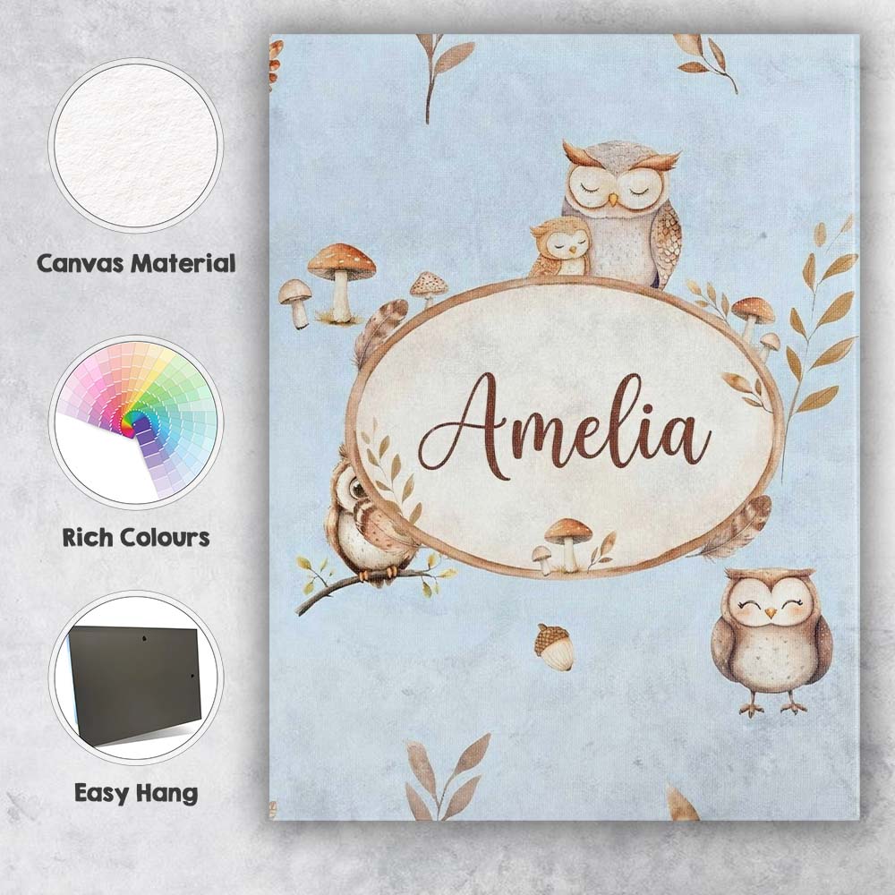 Personalised Name Cute Woodland Owls with Custom  Unique Gift Idea Elegant Feature Canvas Wall Art Print Decor Picture Ready to Hang