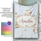 Cute Woodland Owls with Mushrooms Leaves Soft Blue Background  Personalised Custom Name Super Soft Fleece Blanket Bed Sofa Throw
