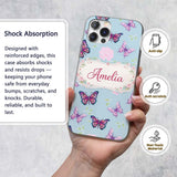 Pink Purple Butterfly Floral Blue Background Custom Name Protective Phone Case Mobile Cover Durable Everyday Smartphone Shock Resistant