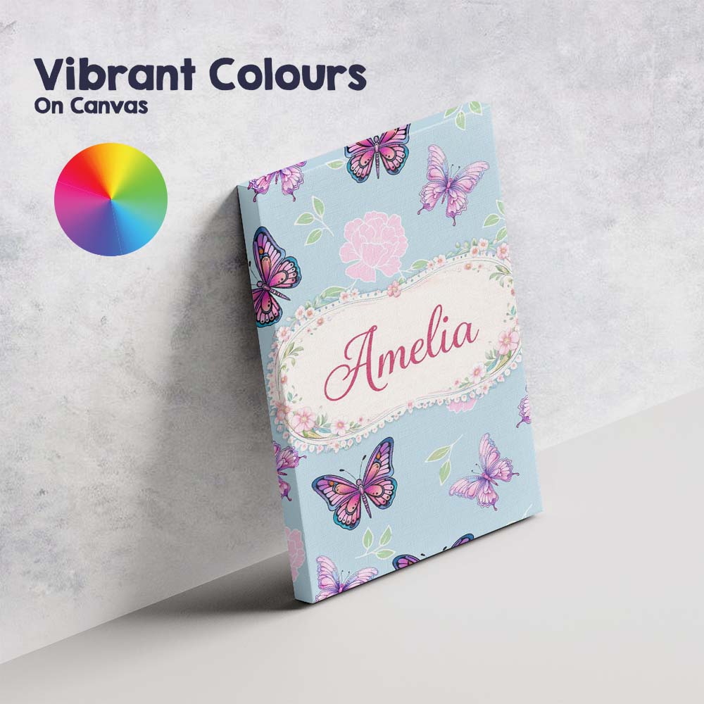 Personalised Name Pink Purple Butterfly Floral Blue Background Custom Modern Room Accent Canvas Wall Art Print Decor Picture Ready to Hang