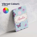 Personalised Name Pink Purple Butterfly Floral Blue Background Custom Modern Room Accent Canvas Wall Art Print Decor Picture Ready to Hang