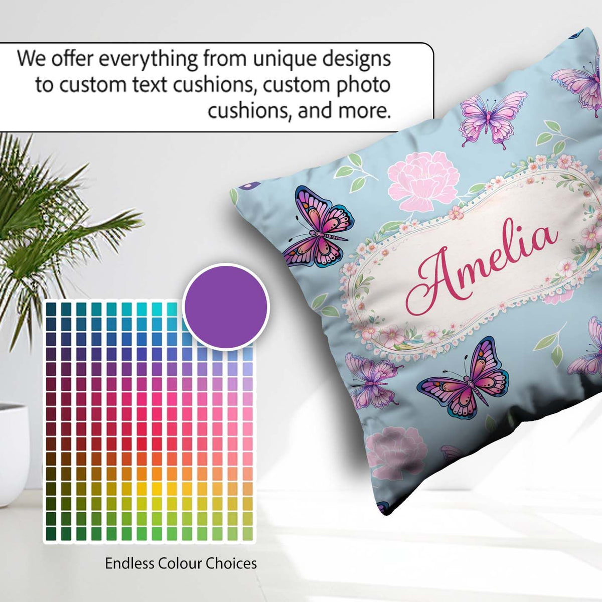 Custom Name Pink Purple Butterfly Floral Blue Background Pattern Square Filled Cushion Throw Pillow Sofa Bed Home Decor Zip Washable UK Made
