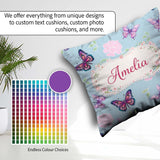 Custom Name Pink Purple Butterfly Floral Blue Background Pattern Square Filled Cushion Throw Pillow Sofa Bed Home Decor Zip Washable UK Made