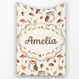 Cute Woodland Owls with Mushrooms Leaves Soft Beige Background  Personalised Custom Name Super Soft Fleece Blanket Bed Sofa Throw