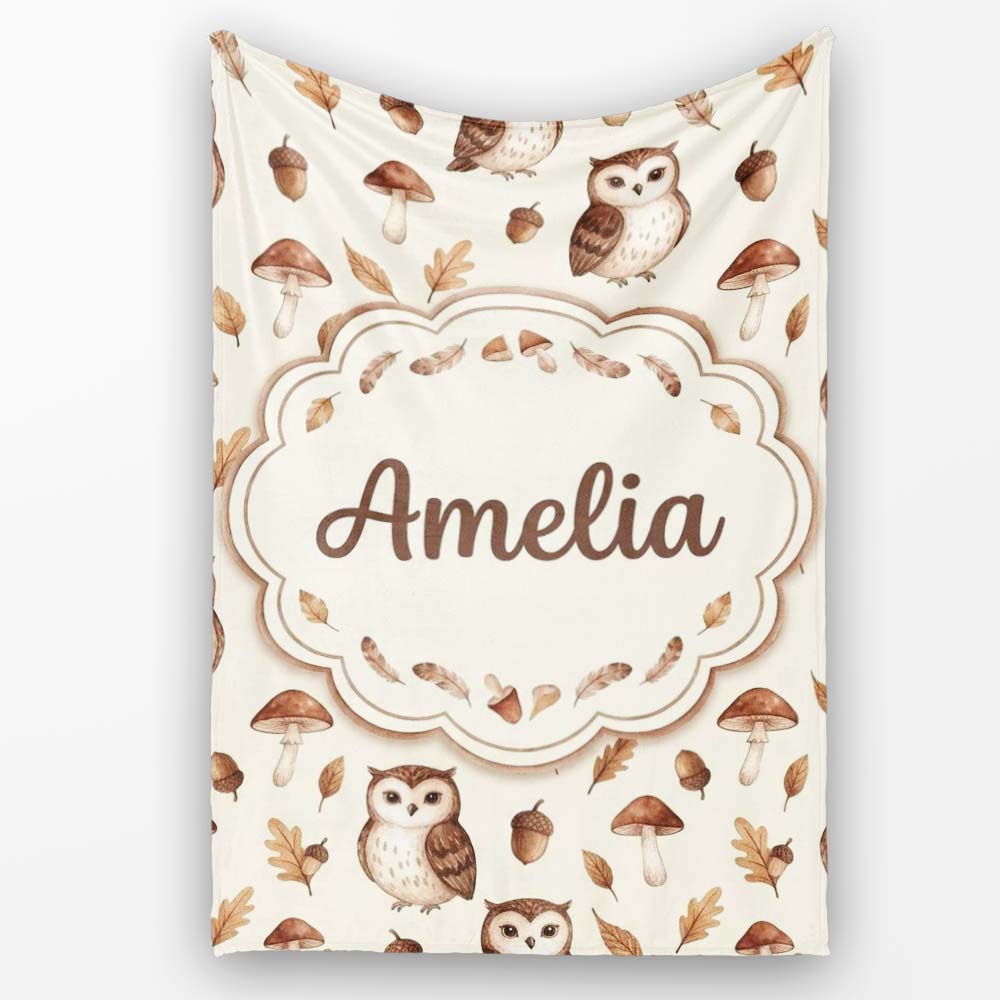 Cute Woodland Owls with Mushrooms Leaves Soft Beige Background  Personalised Custom Name Super Soft Fleece Blanket Bed Sofa Throw