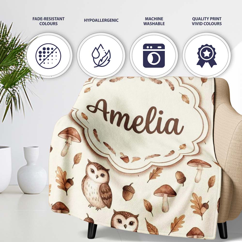 Cute Woodland Owls with Mushrooms Leaves Soft Beige Background  Personalised Custom Name Super Soft Fleece Blanket Bed Sofa Throw